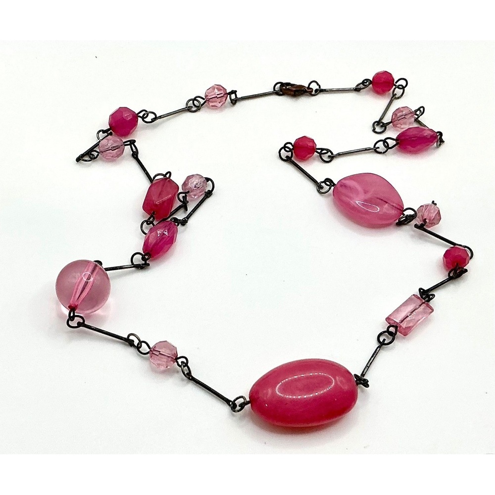 Pink Bead‎ Gunmetal Gray Tone Chain Chunky 28"